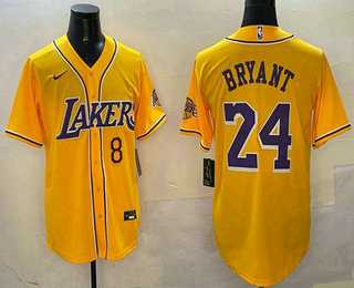 Mens Los Angeles Lakers #8 24 Kobe Bryant Yellow Purple With Patch Cool Base Stitched Baseball Jersey